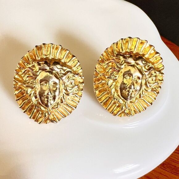 Vintage French Sun King Earrings 3d Clip On Gold Tone Sun Face Sunshine 4723 - Picture 2 of 9